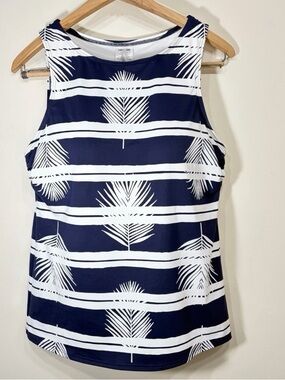 Lands End Womens High Neck Tankini Swim Top Blue White Striped Modest Size 12 DD